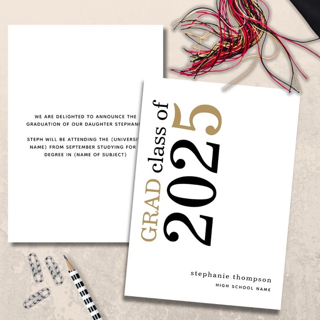 Anuncio Tipografía moderna Oro Negro Graduación 2025 (front and back view)