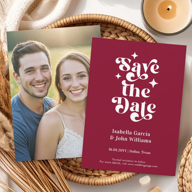 Anuncio Tipografía Retro Foto Boda Guardar La Fecha (The front and back of the announcement is shown in 4.5 x 6.25 in. Choose size, corner + paper style.)