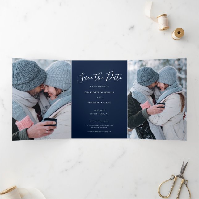 Anuncio Tríptico 3 Photos Script Wedding Save the Date (Interior)