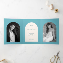 Anuncio Tríptico Arco de Foto de Boda en Aqua Teal Guardar la Fecha