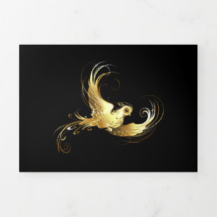 Anuncio Tríptico Ave dorada sobre fondo negro