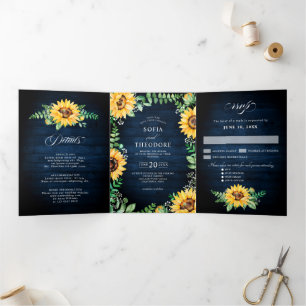 Anuncio Tríptico Bebé de aliento de girasol Boda floral azul marino