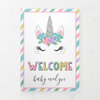 Anuncio Tríptico Bebé de bienvenida Floral de unicornio