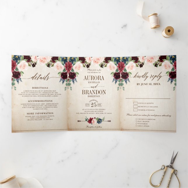 Anuncio Tríptico Boda Boho Rústica de Campo con Flores en Burgundy  (Interior)