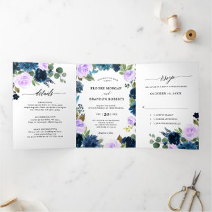 Anuncio Tríptico Boda botánica boho lavanda púrpura azul marino