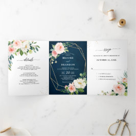 Anuncio Tríptico Boda Botánica Floral Rosa Claro Marino