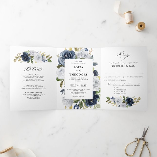 Anuncio Tríptico Boda botánico floral blanco de marea azul (Interior)