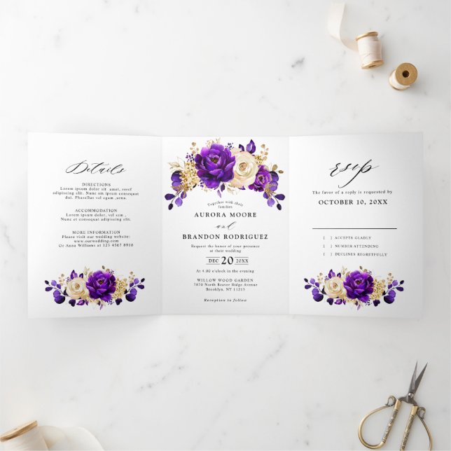 Anuncio Tríptico Boda Botánico Royal Purple Violet Gold Floral (Interior)