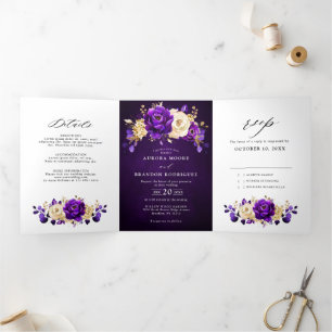 Anuncio Tríptico Boda Botánico Royal Purple Violet Gold Floral