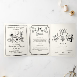 Anuncio Tríptico Boda de dibujo funky dibujado a mano letra 