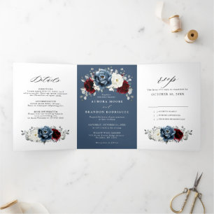 Anuncio Tríptico Boda de Floral de marfil blanco de borgoña azul pi