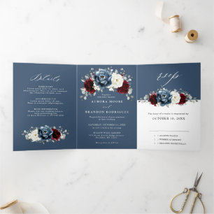 Anuncio Tríptico Boda de Floral de marfil blanco de borgoña azul pi