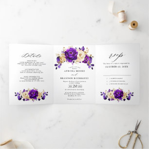 Anuncio Tríptico Boda floral botánica real violeta dorado