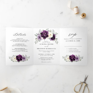 Anuncio Tríptico Boda floral de berenjena púrpura marfil blanco