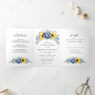 Anuncio Tríptico Boda floral de girasol dusty blue pizarra peonía