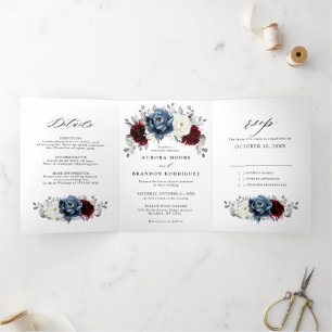Anuncio Tríptico Boda floral de marfil blanco de borgoña azul pizar