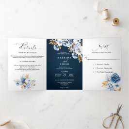Anuncio Tríptico Boda floral de oro blanco azul polvoriento 