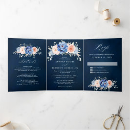 Anuncio Tríptico Boda floral en azul pizarra y rosa polvoriento 