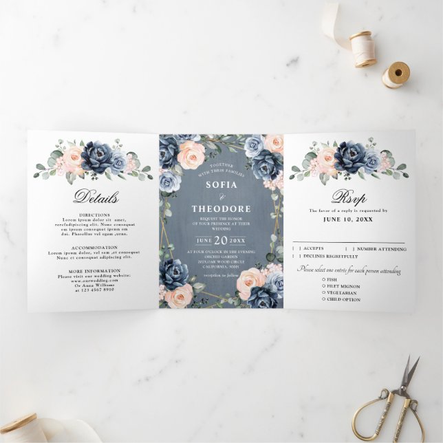 Anuncio Tríptico Boda floral geométrica de melocotón con rubor azul (Interior)