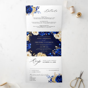 Anuncio Tríptico Boda floral metálica azul real amarillo dorado Tri