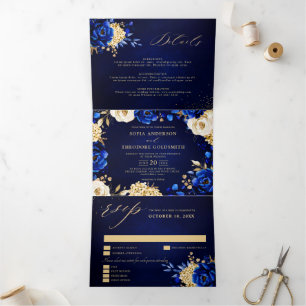 Anuncio Tríptico Boda floral metálica azul real amarillo dorado Tri
