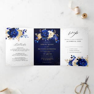 Anuncio Tríptico Boda floral metálica azul real amarillo dorado Tri