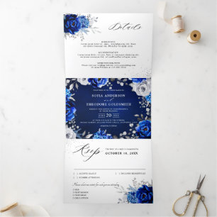 Anuncio Tríptico Boda floral metálica azul real blanca plateada