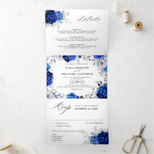 Anuncio Tríptico Boda floral metálica azul real blanca plateada Tr