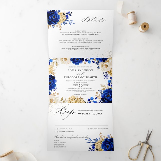 Anuncio Tríptico Boda floral metálico Royal Blue Yellow Gold (Interior)
