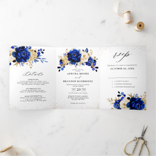 Anuncio Tríptico Boda floral metálico Royal Blue Yellow Gold