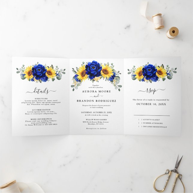 Anuncio Tríptico Boda floral moderna de girasol rústico azul real  (Interior)