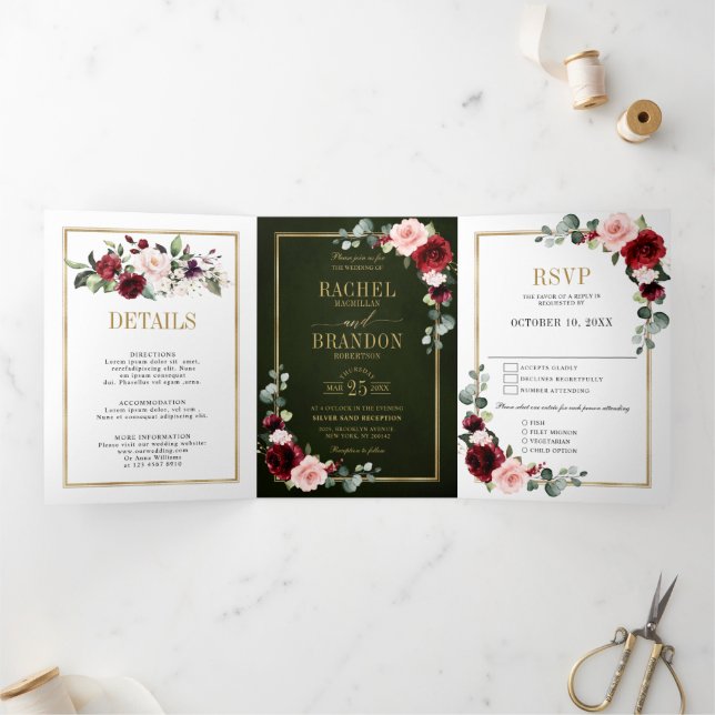 Anuncio Tríptico Boda floral moderna geométrica con toque de borgoñ (Interior)