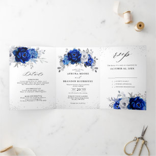 Anuncio Tríptico Boda floral plateada metálica azul real