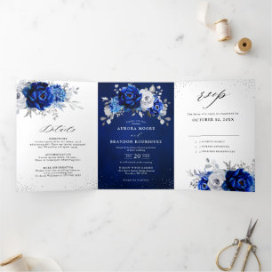 Anuncio Tríptico Boda floral plateada metálica azul real blanca