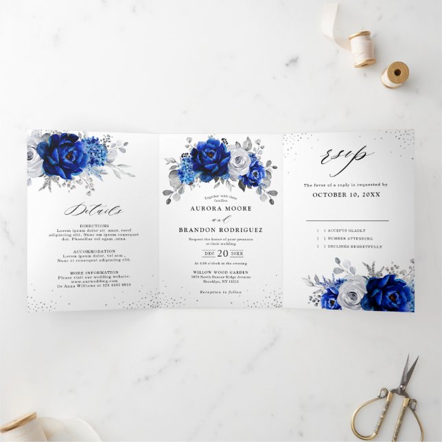 Anuncio Tríptico Boda floral plateado metálico azul real Tr (Interior)