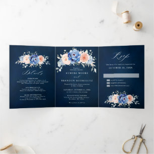 Anuncio Tríptico Boda Floral Rosa Polvo Pizarra Azul Marino 