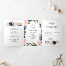 Anuncio Tríptico Boda floral rosa polvoriento azul marino