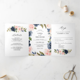 Anuncio Tríptico Boda floral rosa polvoriento azul marino 