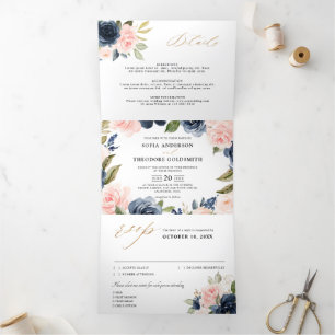 Anuncio Tríptico Boda floral rosa polvoriento azul marino 