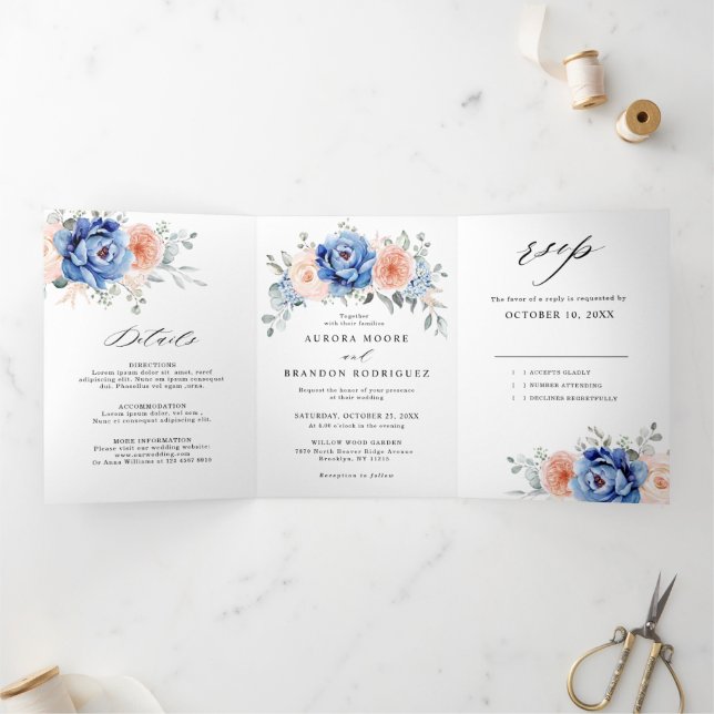 Anuncio Tríptico Boda floral rosa Rubor con pizarra azul turbia (Interior)