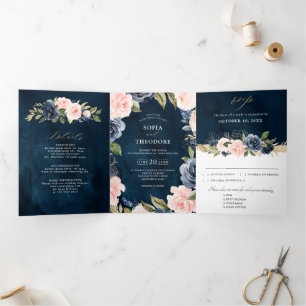 Anuncio Tríptico Boda floral tri-fol de azul marino dusty blush ros