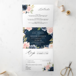 Anuncio Tríptico Boda floral tri-fol de azul marino y rosa polvorie