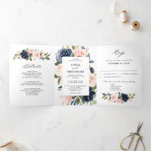 Anuncio Tríptico Boda floral tri-fol de color rosa polvoriento azul