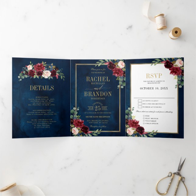Anuncio Tríptico Boda geométrica de acuarela dorada con rubor azul  (Interior)