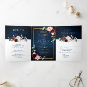 Anuncio Tríptico Boda geométrica de color azul marino con rubor de 