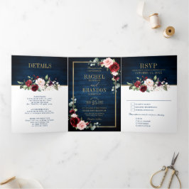 Anuncio Tríptico Boda geométrica de oro burdeos rubor azul marino T