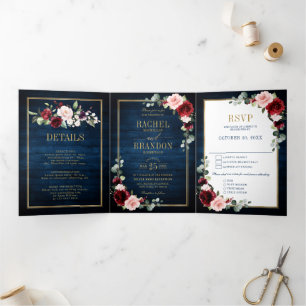 Anuncio Tríptico Boda geométrica de oro con rubor azul marino burgu