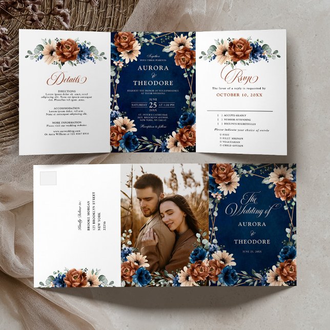 Anuncio Tríptico Boda geométrica de terracota azul marino verde (Terracotta Navy Blue Greenery Geometric Wedding Tri-Fold Announcement / All in one invitation)