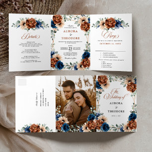 Anuncio Tríptico Boda geométrica de terracota azul marino y vegetac