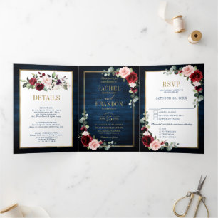 Anuncio Tríptico Boda geométrica de tono azul marino, borgoña y dor